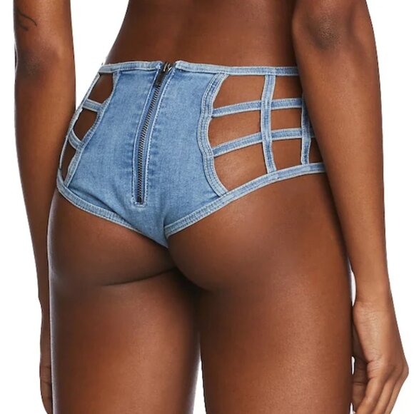 Dolls Kill Club Exx Deviant Treasure Bustier Top & Booty Shorts Set (Denim) - Picture 8 of 10